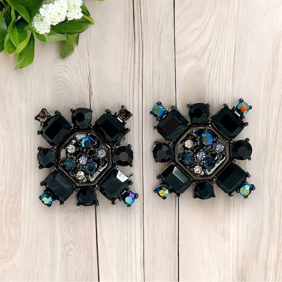 GIVENCHY Vintage Signed 80s AB Crystal Geometric Runway Clip On Earrings - Picture 2 of 6